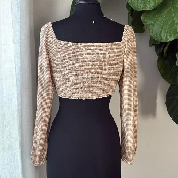 Japna Cropped Long Sleeve Crop Top Checkered Brown and White Ruched Blouse - Picture 4 of 5